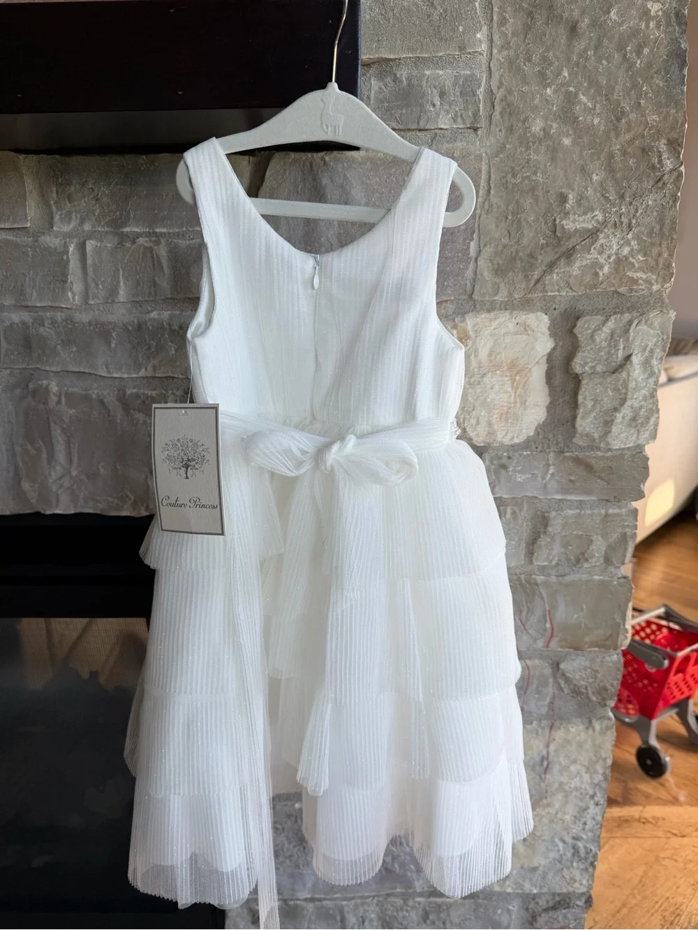 White Tiered Mesh Girls' Dress with Sparkle Beaded Waist